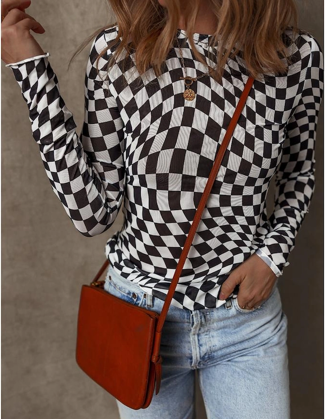 Black Checkered Pattern Mesh Mock Neck Long Sleeve Top