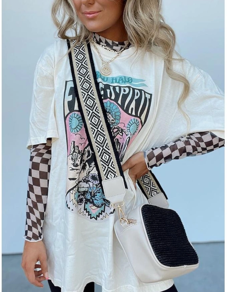 Black Checkered Pattern Mesh Mock Neck Long Sleeve Top