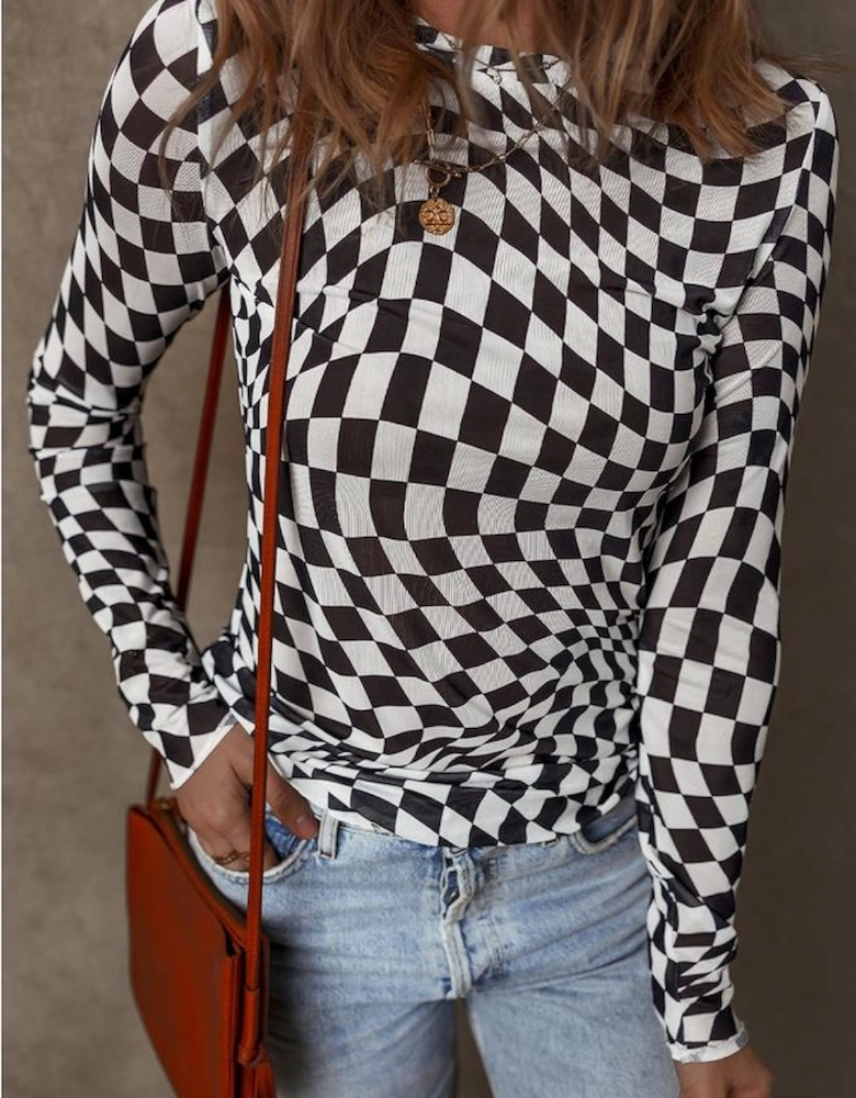 Black Checkered Pattern Mesh Mock Neck Long Sleeve Top