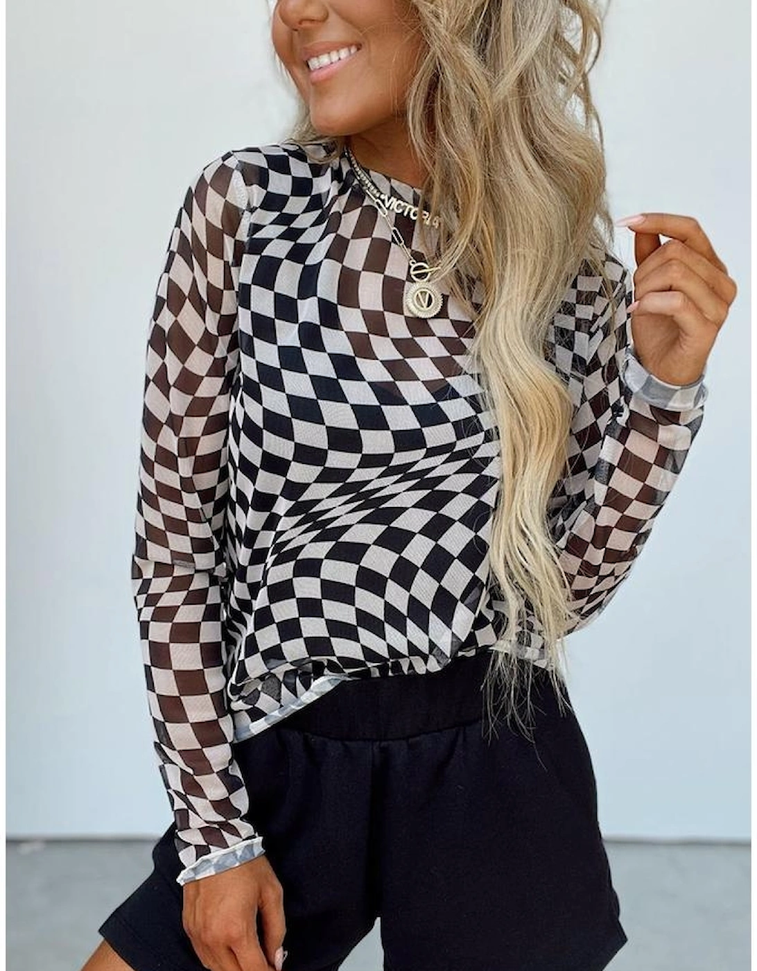 Black Checkered Pattern Mesh Mock Neck Long Sleeve Top