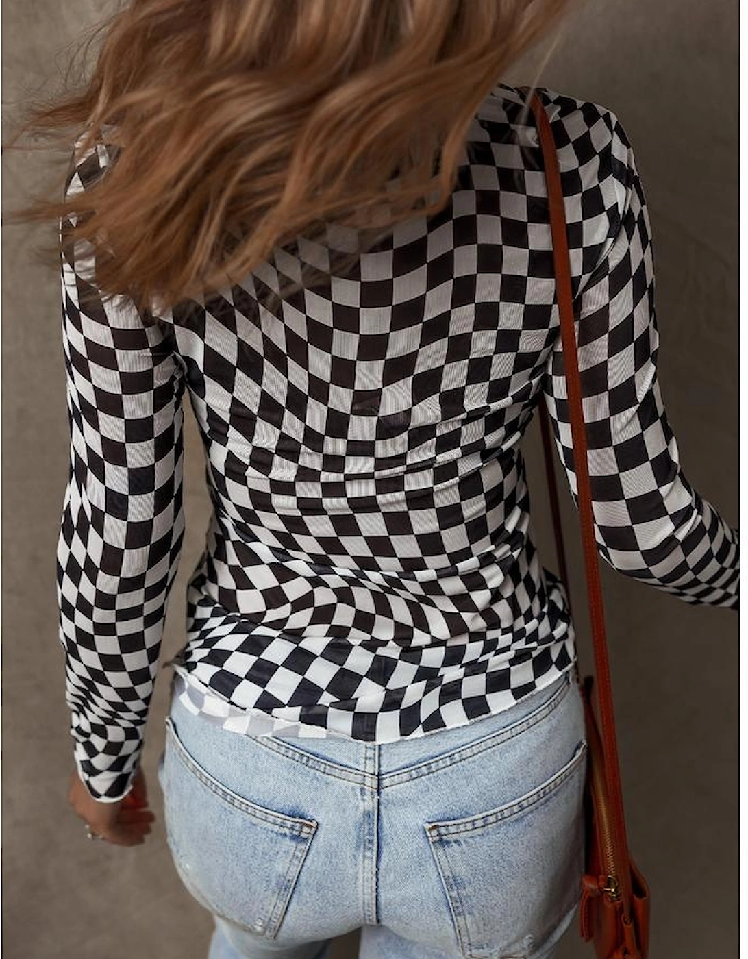 Black Checkered Pattern Mesh Mock Neck Long Sleeve Top