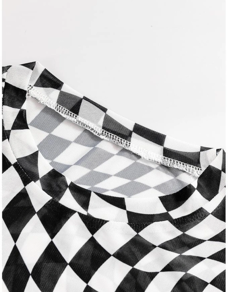 Black Checkered Pattern Mesh Mock Neck Long Sleeve Top