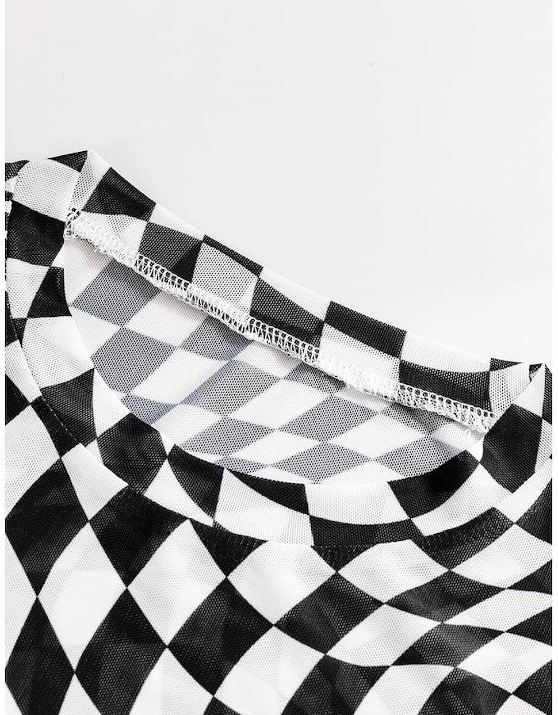 Black Checkered Pattern Mesh Mock Neck Long Sleeve Top