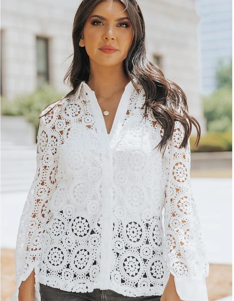 Azura Exchange Lace Hollow-out Shirt with Turn-down Collar