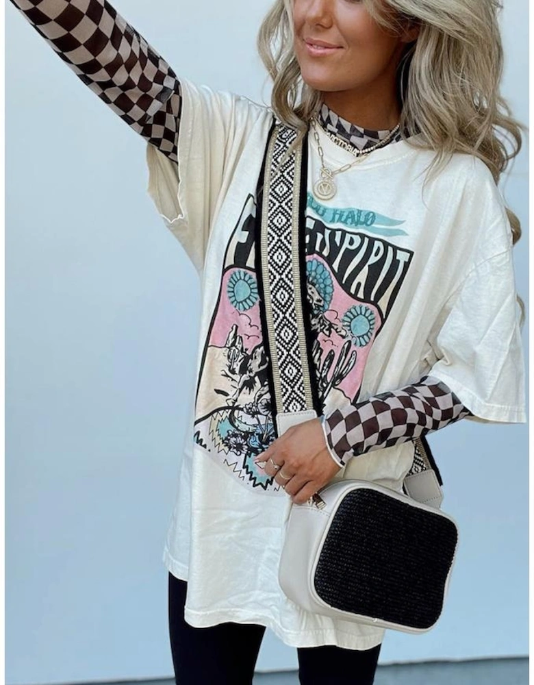 Black Checkered Pattern Mesh Mock Neck Long Sleeve Top