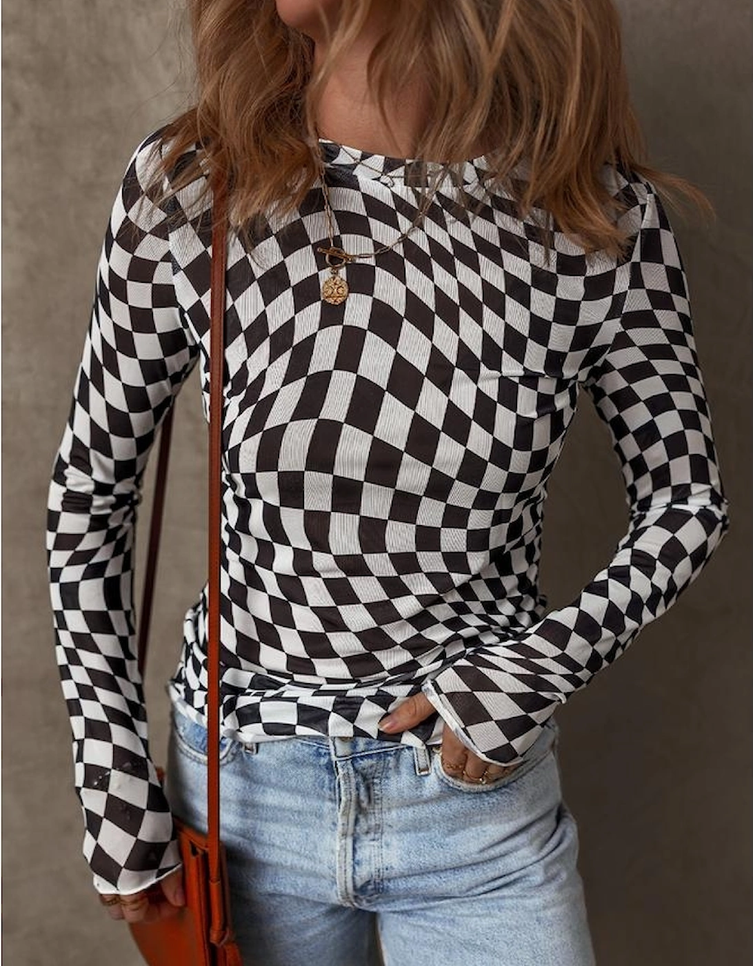 Black Checkered Pattern Mesh Mock Neck Long Sleeve Top