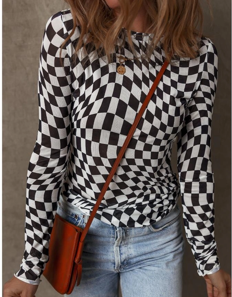 Black Checkered Pattern Mesh Mock Neck Long Sleeve Top