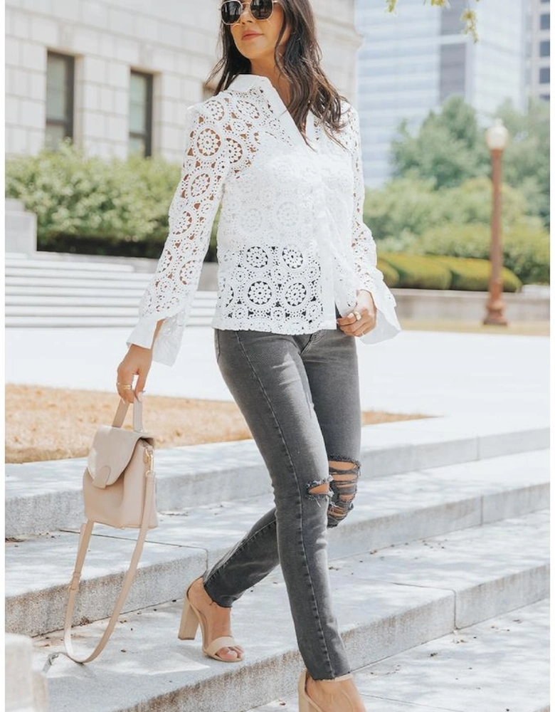 Azura Exchange Lace Hollow-out Shirt with Turn-down Collar