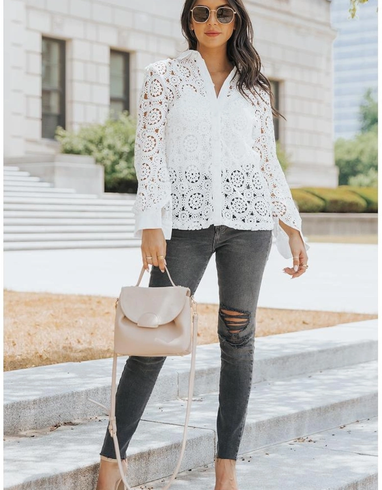 Azura Exchange Lace Hollow-out Shirt with Turn-down Collar