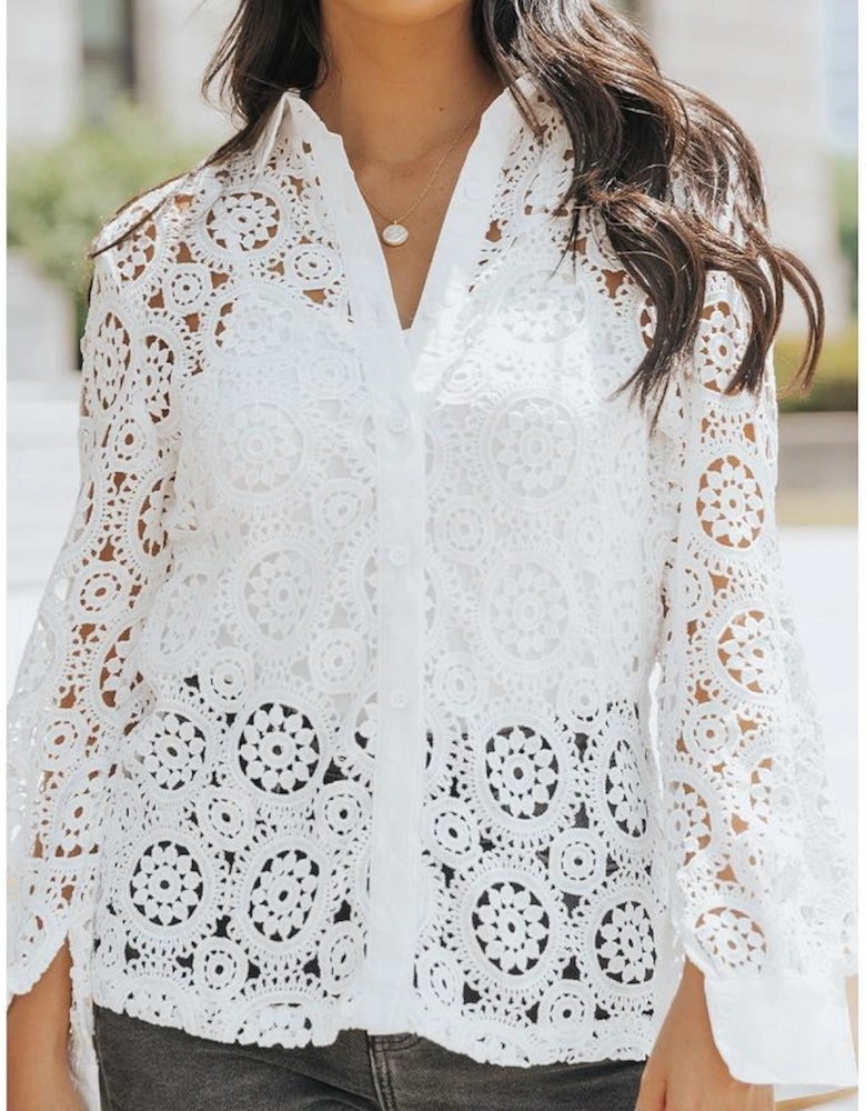 Azura Exchange Lace Hollow-out Shirt with Turn-down Collar