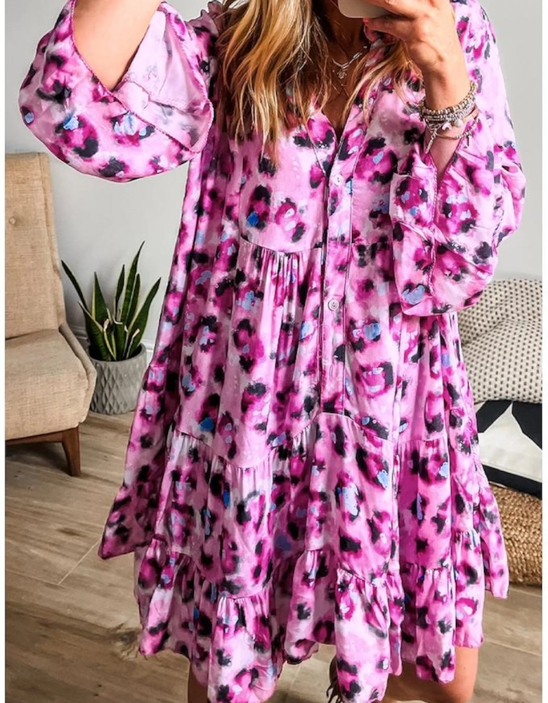 Rose Leopard Print Buttoned Front 3/4 Sleeve Tiered Ruffled Hem Dress