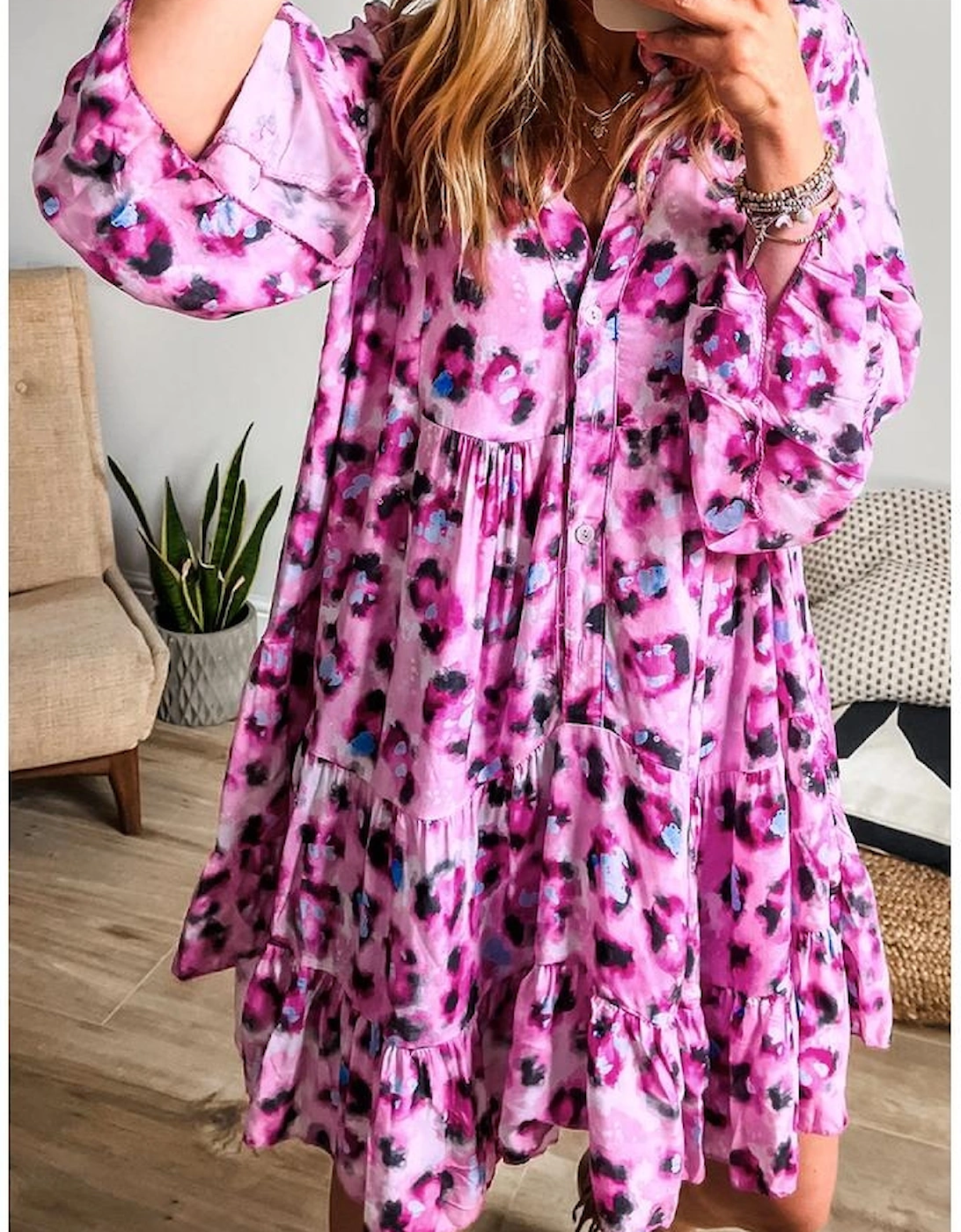 Rose Leopard Print Buttoned Front 3/4 Sleeve Tiered Ruffled Hem Dress, 14 of 13