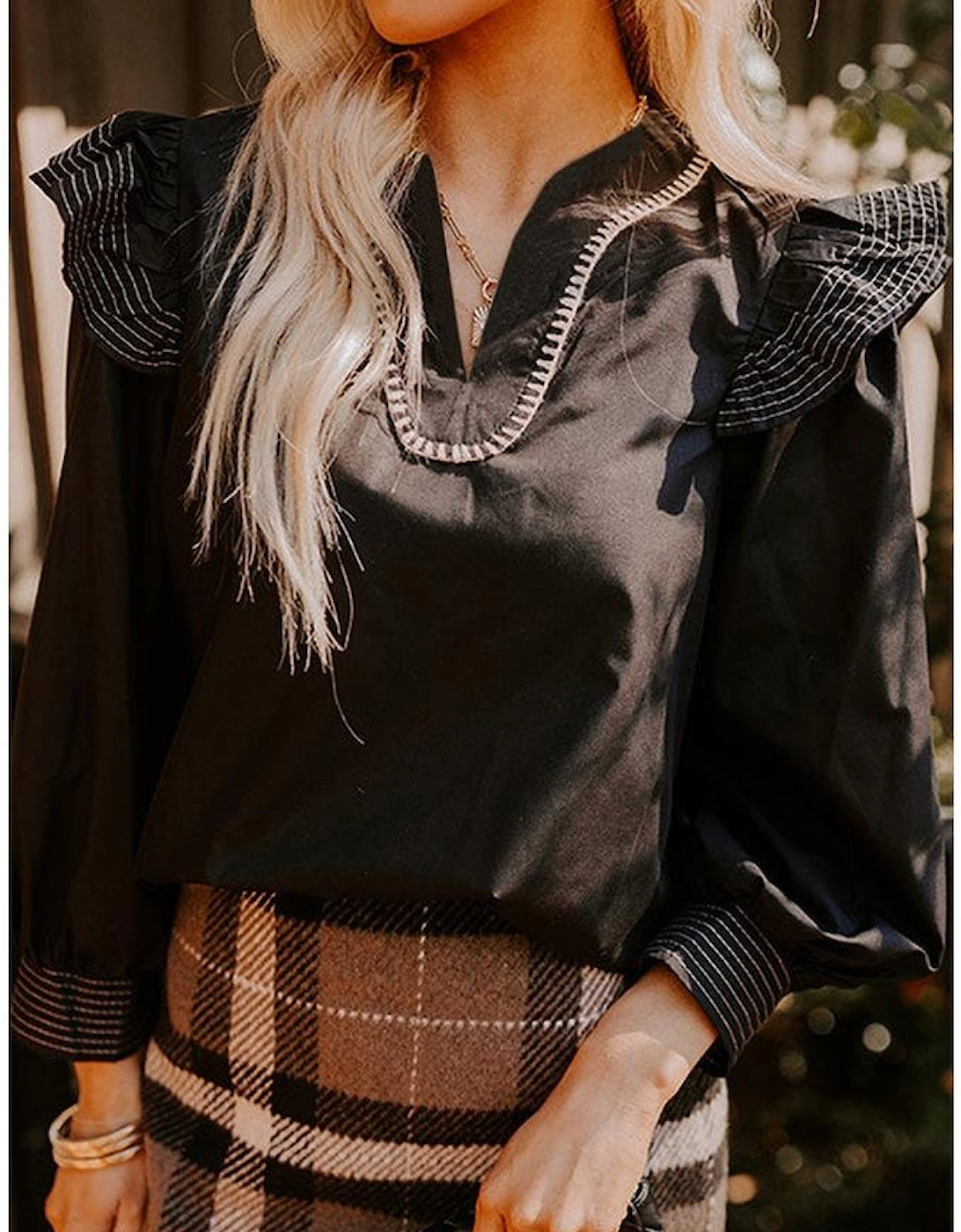 Black Contrast Stitched Detail V Neck Ruffle Long Sleeve Blouse