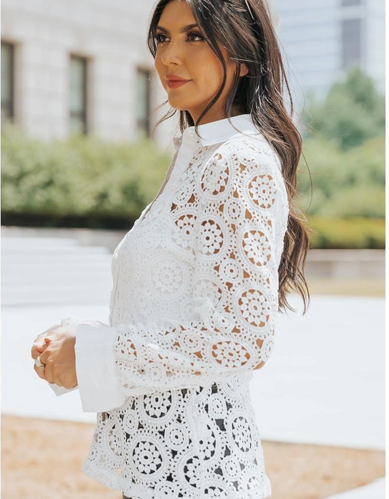 Azura Exchange Lace Hollow-out Shirt with Turn-down Collar