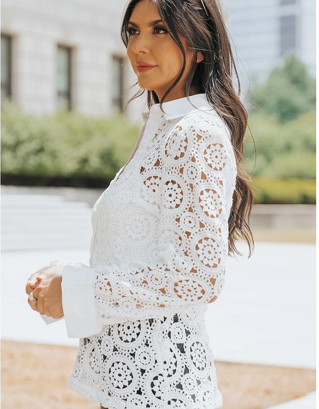 Azura Exchange Lace Hollow-out Shirt with Turn-down Collar