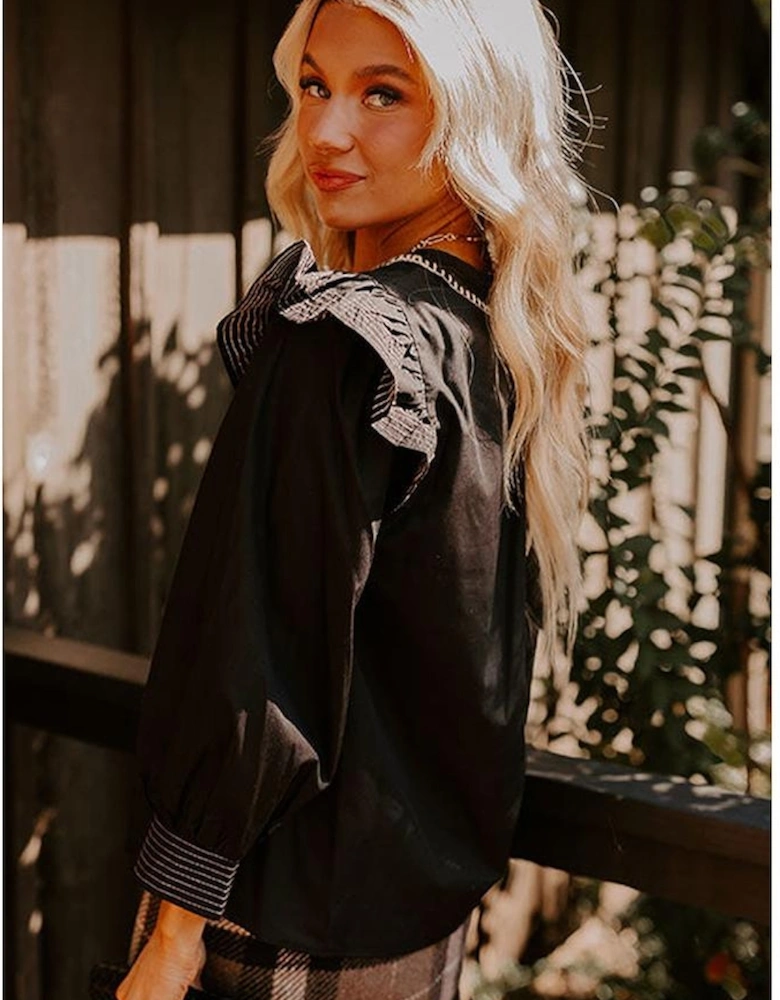 Black Contrast Stitched Detail V Neck Ruffle Long Sleeve Blouse