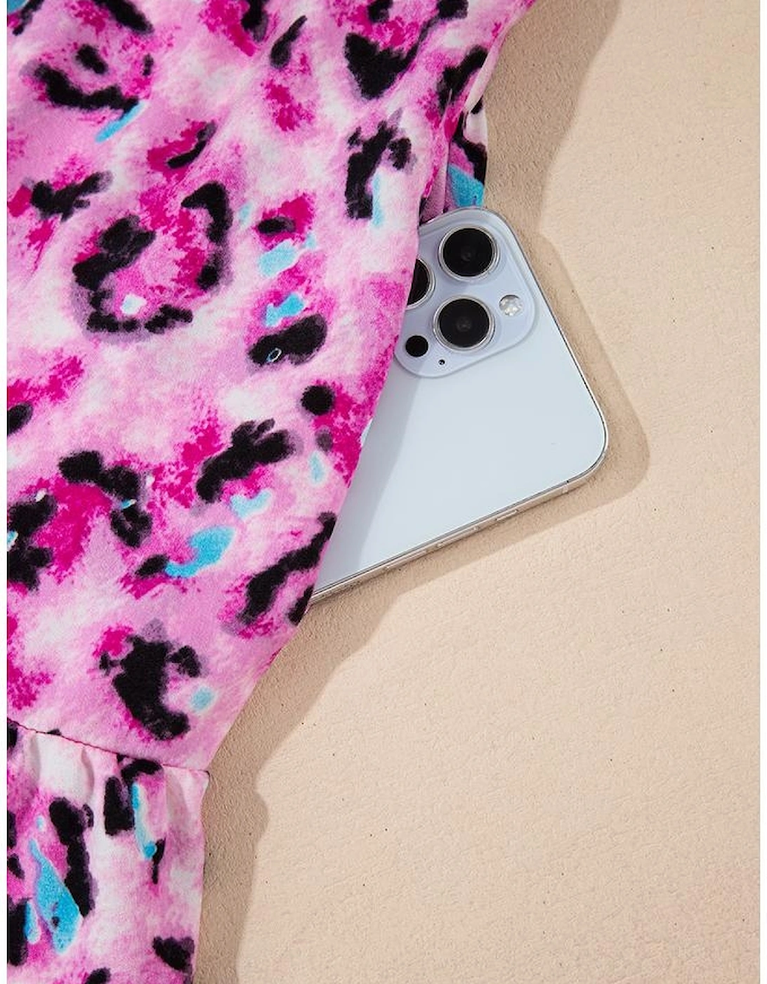 Rose Leopard Print Buttoned Front 3/4 Sleeve Tiered Ruffled Hem Dress