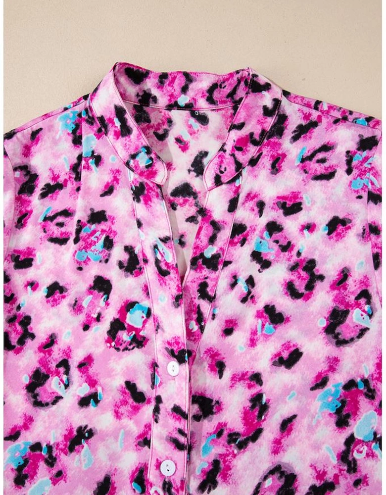 Rose Leopard Print Buttoned Front 3/4 Sleeve Tiered Ruffled Hem Dress