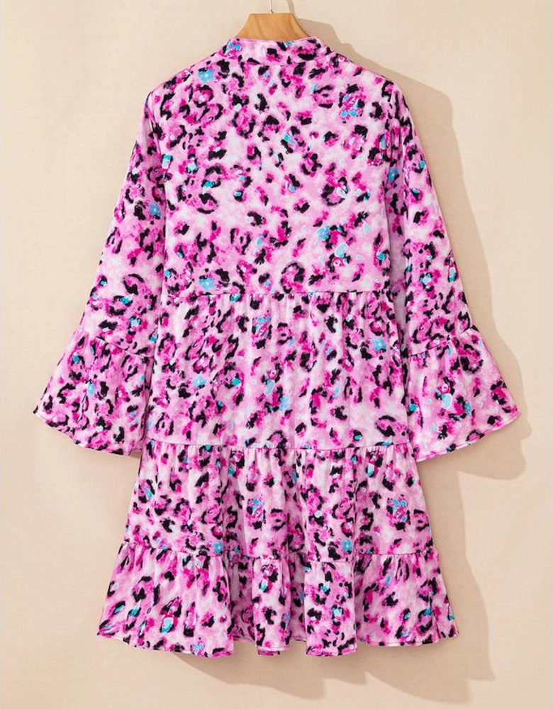 Rose Leopard Print Buttoned Front 3/4 Sleeve Tiered Ruffled Hem Dress