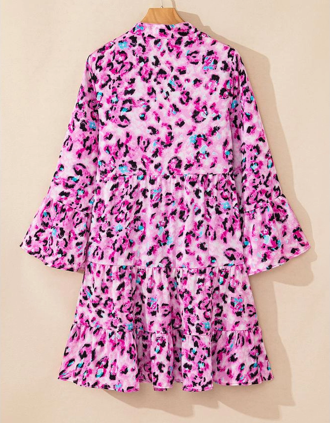Rose Leopard Print Buttoned Front 3/4 Sleeve Tiered Ruffled Hem Dress
