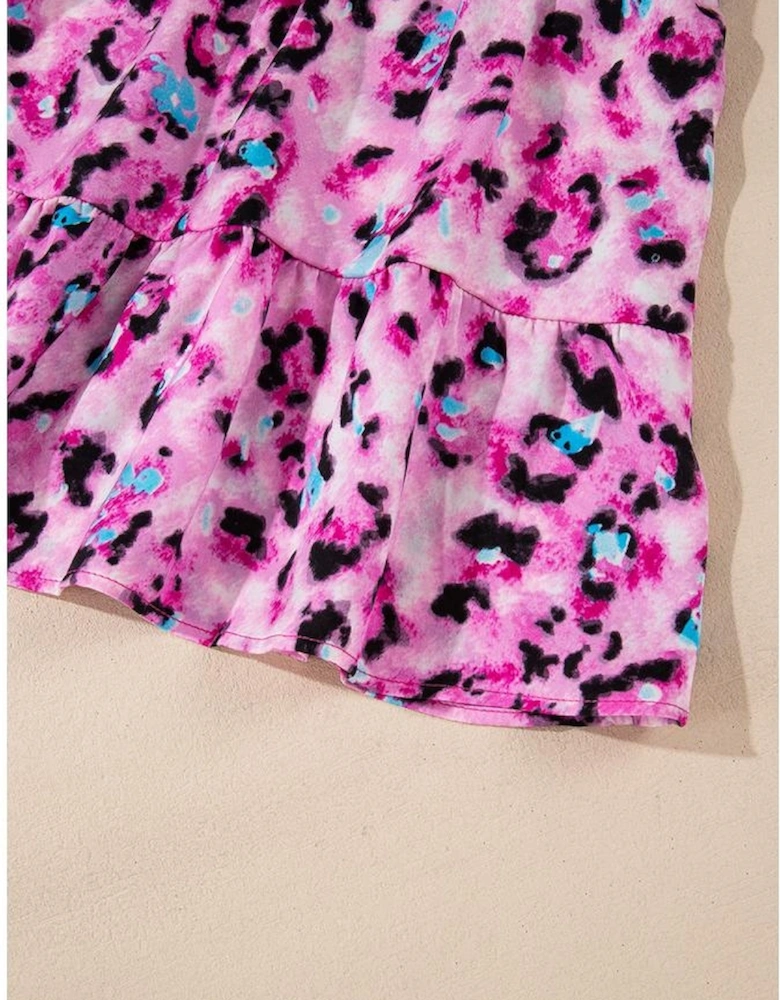 Rose Leopard Print Buttoned Front 3/4 Sleeve Tiered Ruffled Hem Dress