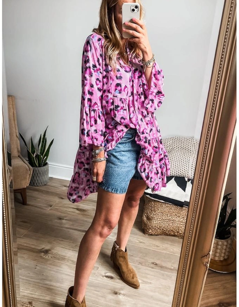 Rose Leopard Print Buttoned Front 3/4 Sleeve Tiered Ruffled Hem Dress