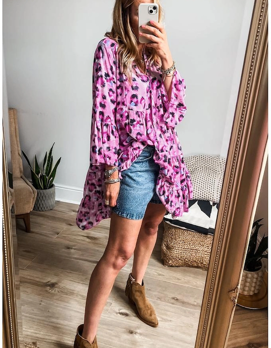 Rose Leopard Print Buttoned Front 3/4 Sleeve Tiered Ruffled Hem Dress