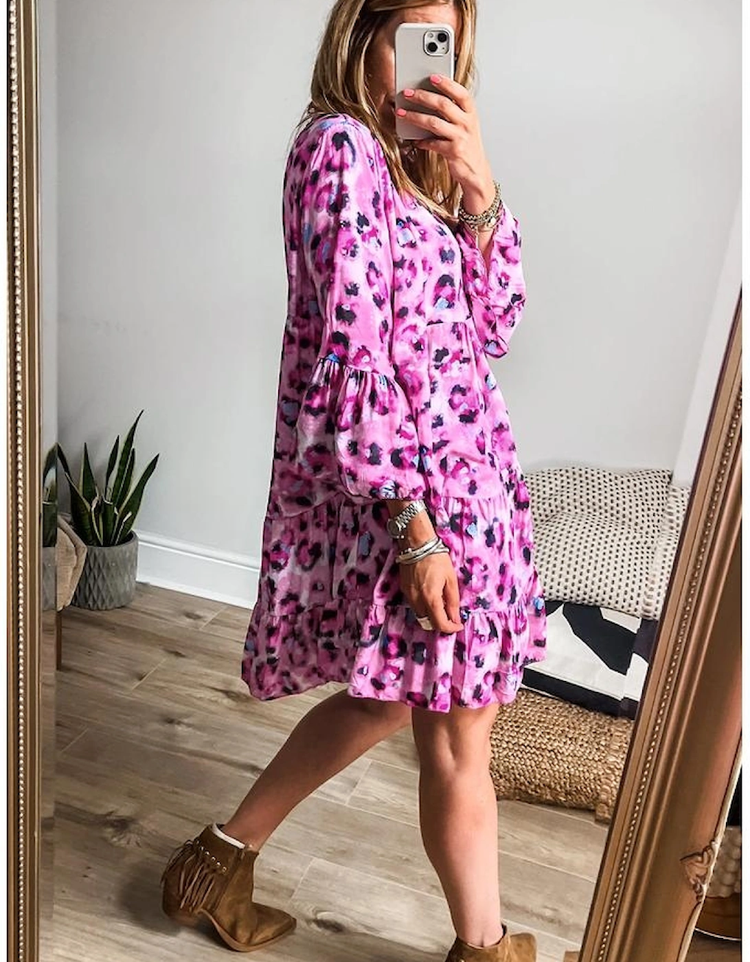 Rose Leopard Print Buttoned Front 3/4 Sleeve Tiered Ruffled Hem Dress
