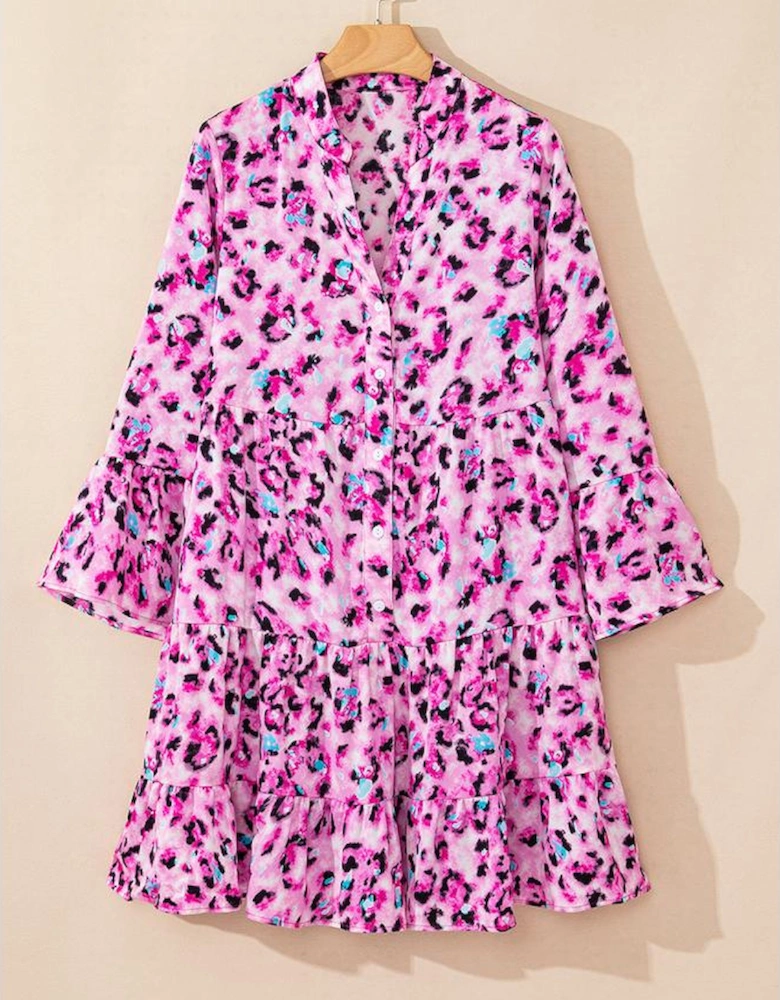 Rose Leopard Print Buttoned Front 3/4 Sleeve Tiered Ruffled Hem Dress
