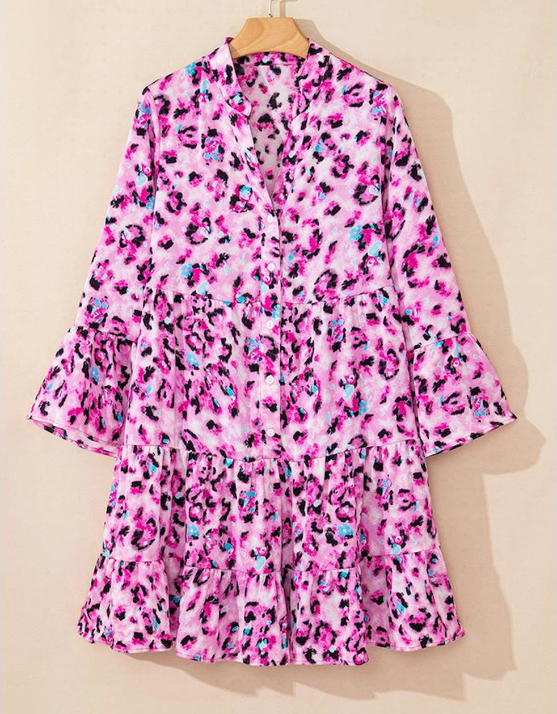 Rose Leopard Print Buttoned Front 3/4 Sleeve Tiered Ruffled Hem Dress