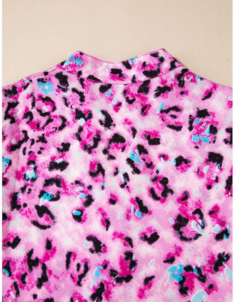 Rose Leopard Print Buttoned Front 3/4 Sleeve Tiered Ruffled Hem Dress