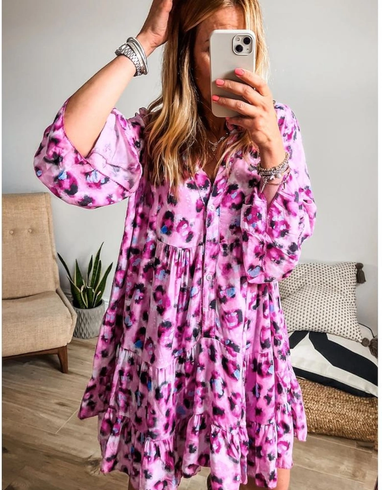 Rose Leopard Print Buttoned Front 3/4 Sleeve Tiered Ruffled Hem Dress