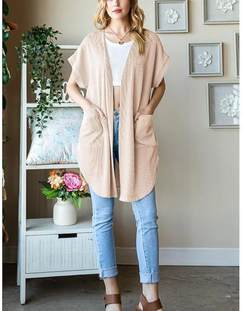 Parchment Ribbed Pocketed Short Sleeve Open Front Top