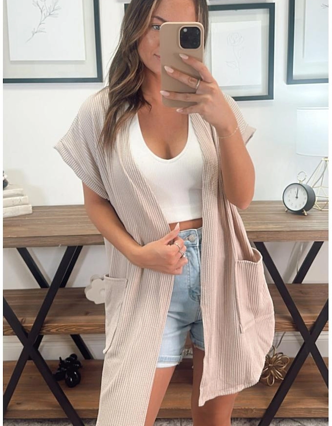 Parchment Ribbed Pocketed Short Sleeve Open Front Top