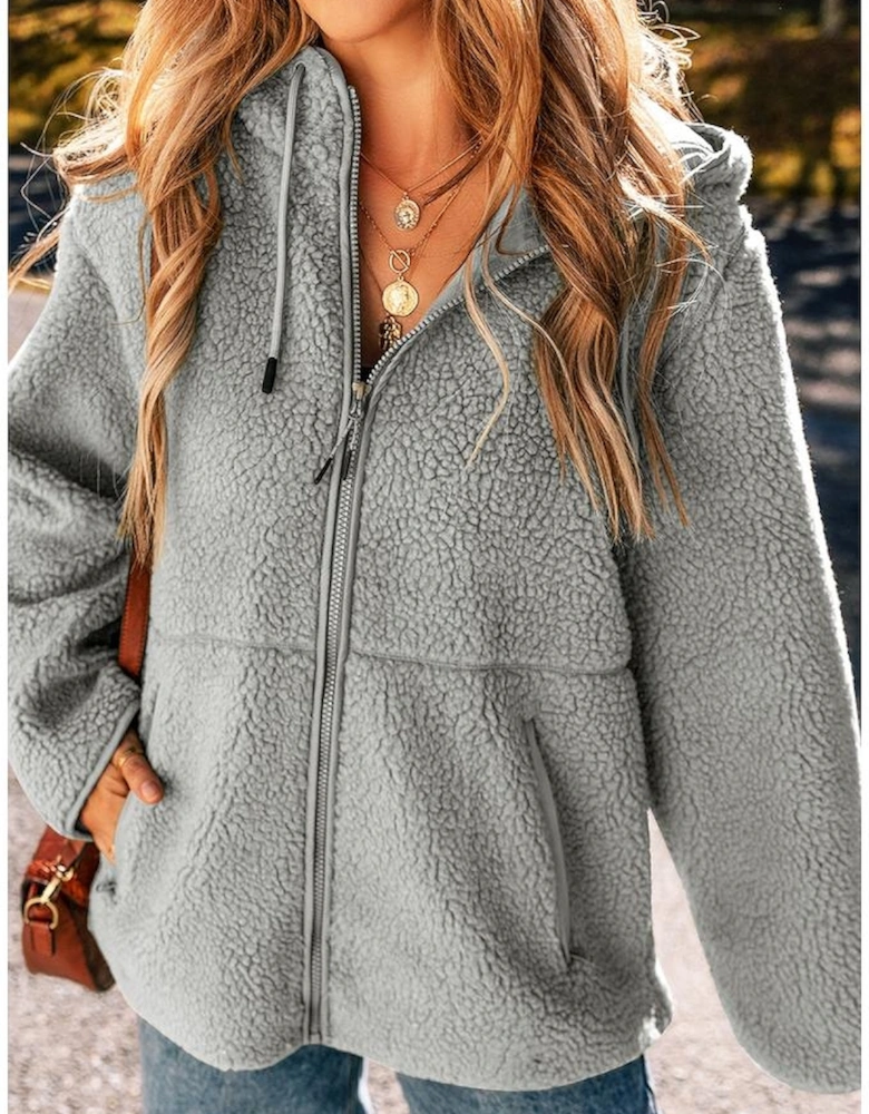 Medium Grey Fleece Zip Up Drawstring Hooded Pocketed Jacket