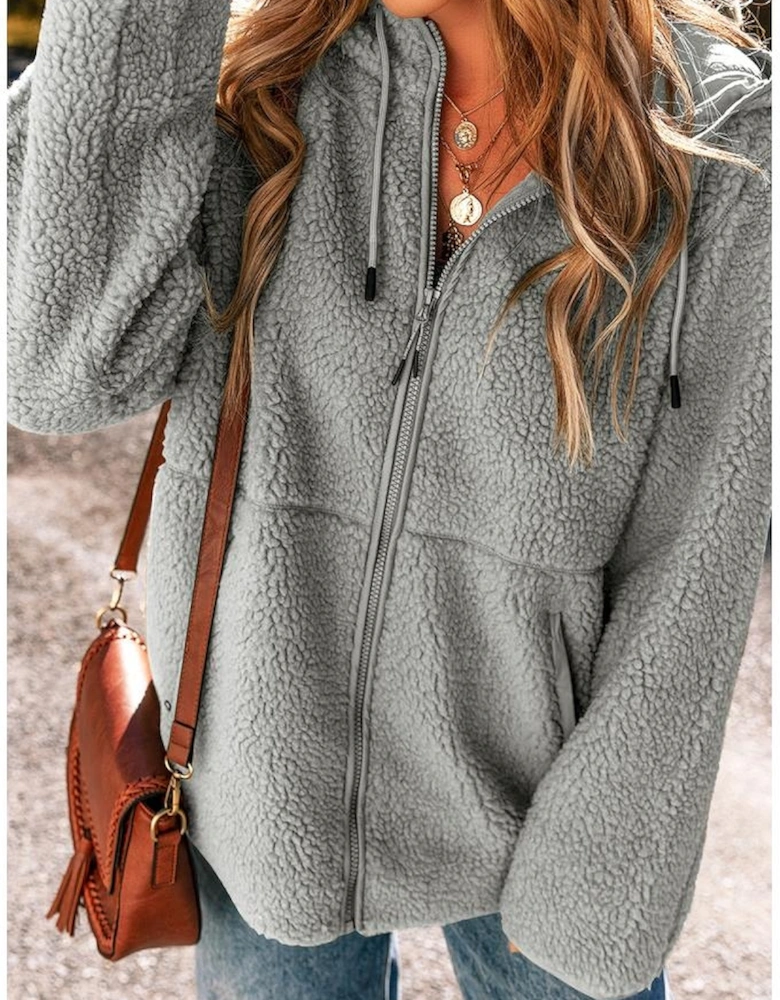 Medium Grey Fleece Zip Up Drawstring Hooded Pocketed Jacket