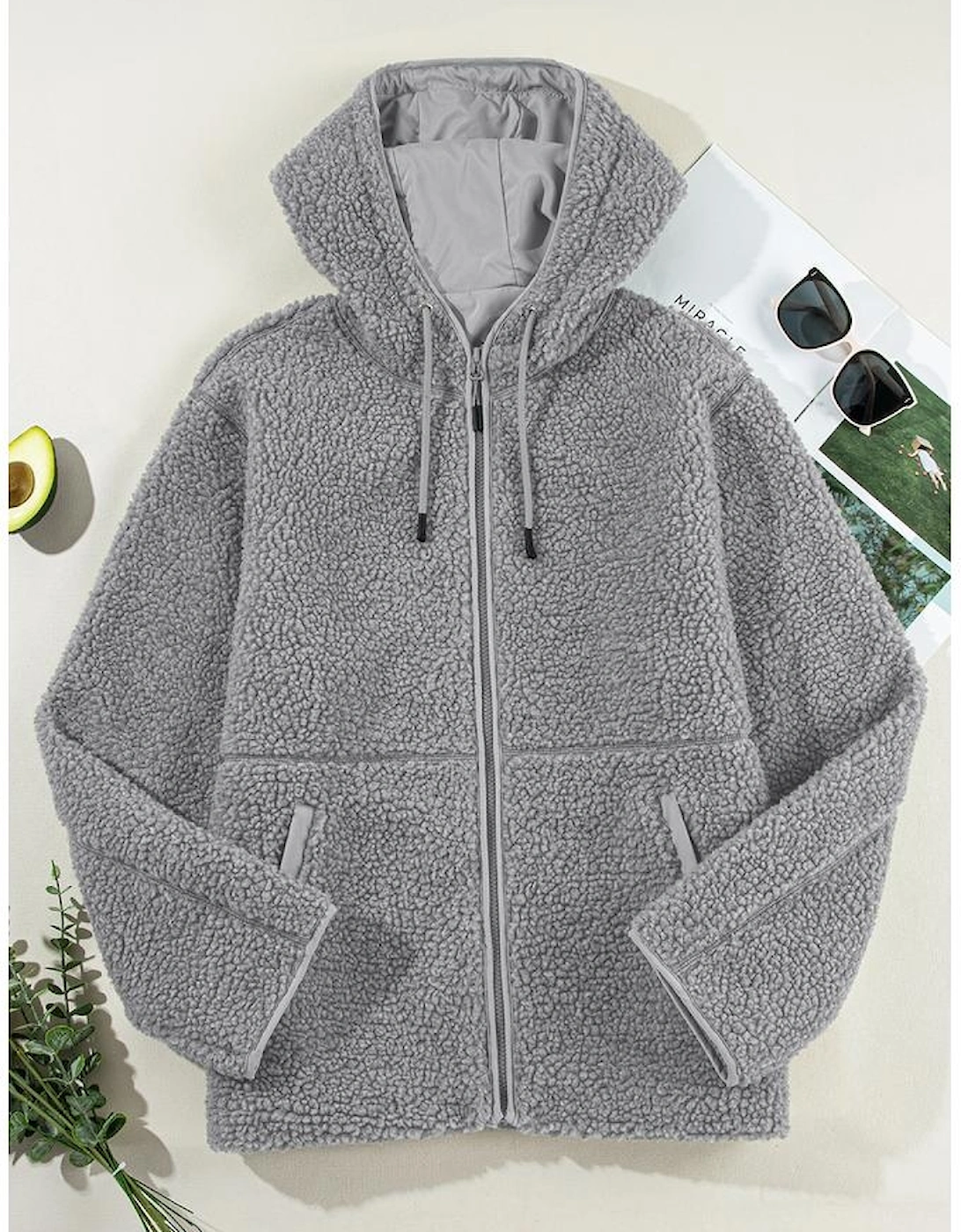 Medium Grey Fleece Zip Up Drawstring Hooded Pocketed Jacket