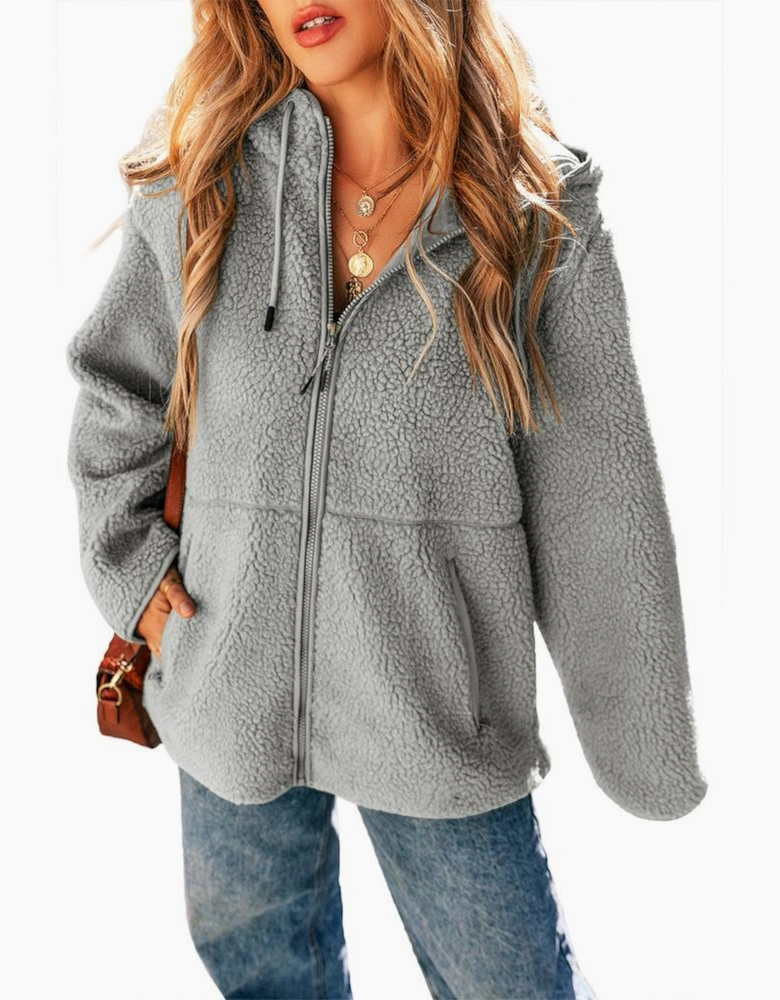 Medium Grey Fleece Zip Up Drawstring Hooded Pocketed Jacket