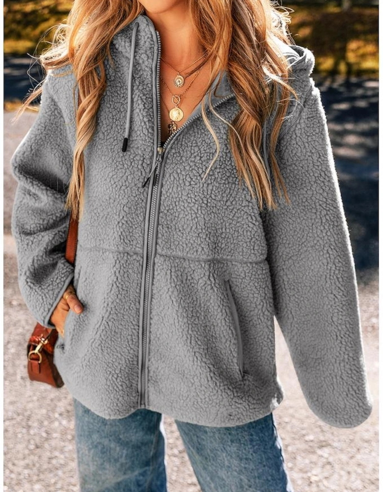Medium Grey Fleece Zip Up Drawstring Hooded Pocketed Jacket