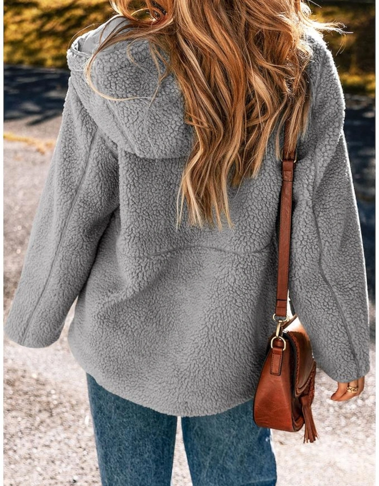 Medium Grey Fleece Zip Up Drawstring Hooded Pocketed Jacket