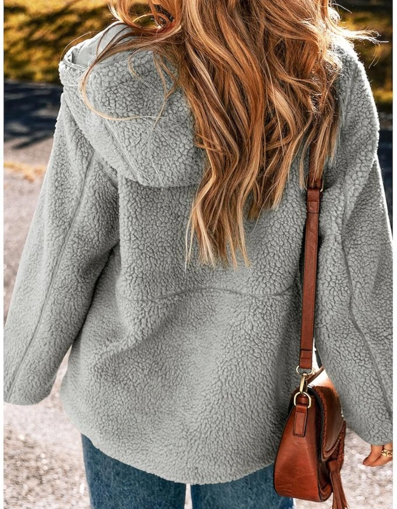 Medium Grey Fleece Zip Up Drawstring Hooded Pocketed Jacket