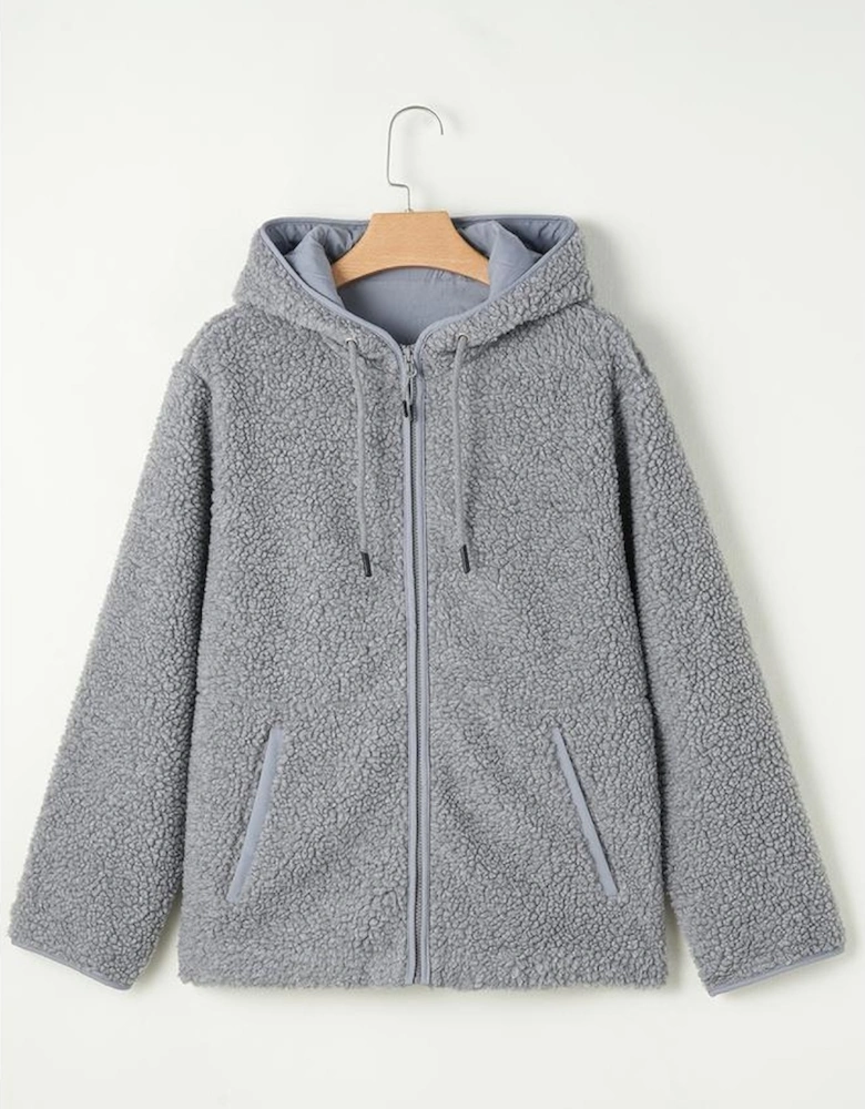 Medium Grey Fleece Zip Up Drawstring Hooded Pocketed Jacket