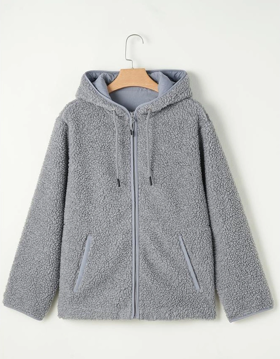 Medium Grey Fleece Zip Up Drawstring Hooded Pocketed Jacket