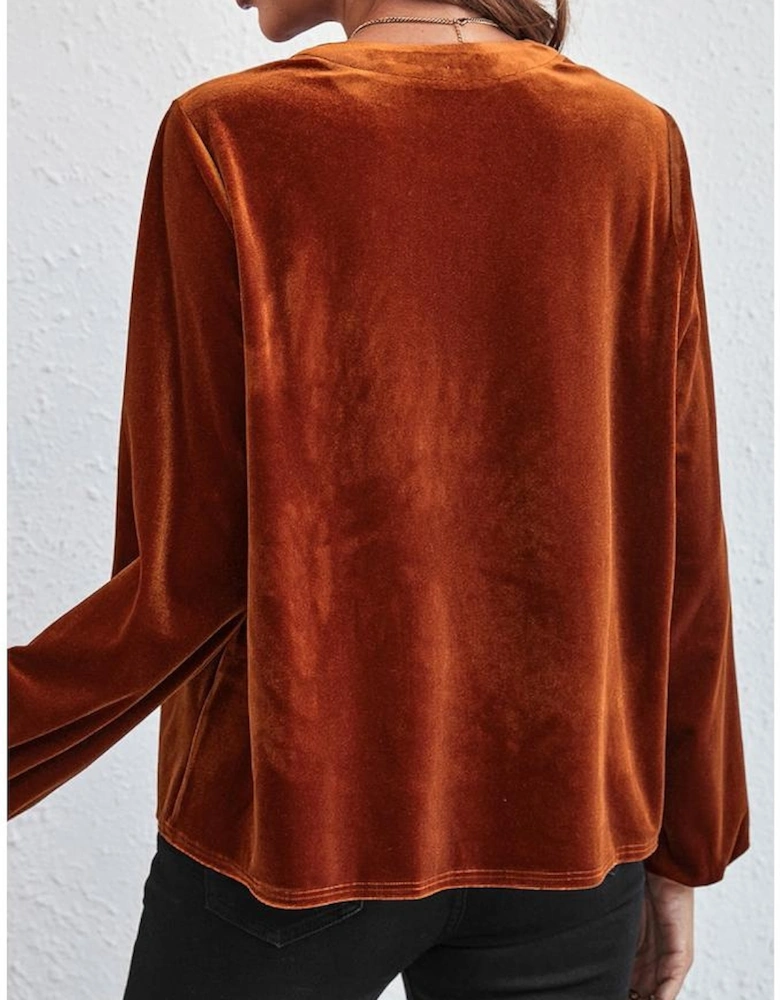 Gold Flame Lantern Sleeve Beaded Split V Neck Velvet Top