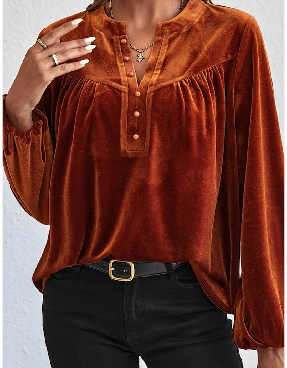Gold Flame Lantern Sleeve Beaded Split V Neck Velvet Top