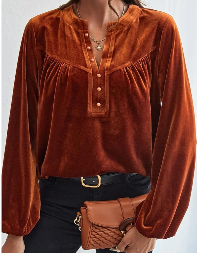 Gold Flame Lantern Sleeve Beaded Split V Neck Velvet Top