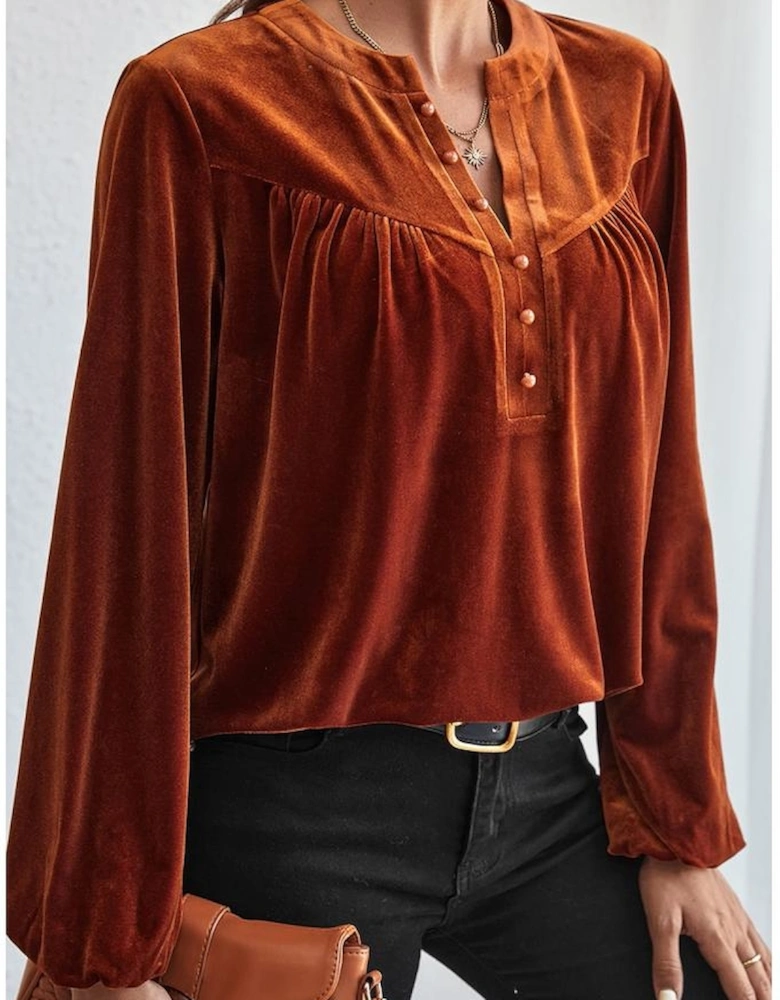 Gold Flame Lantern Sleeve Beaded Split V Neck Velvet Top