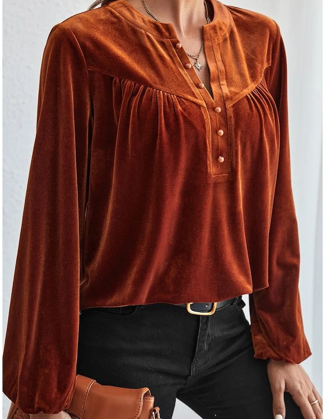 Gold Flame Lantern Sleeve Beaded Split V Neck Velvet Top