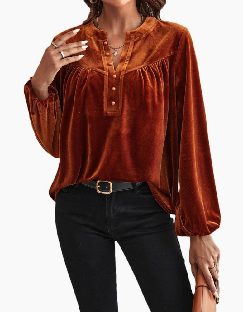Gold Flame Lantern Sleeve Beaded Split V Neck Velvet Top