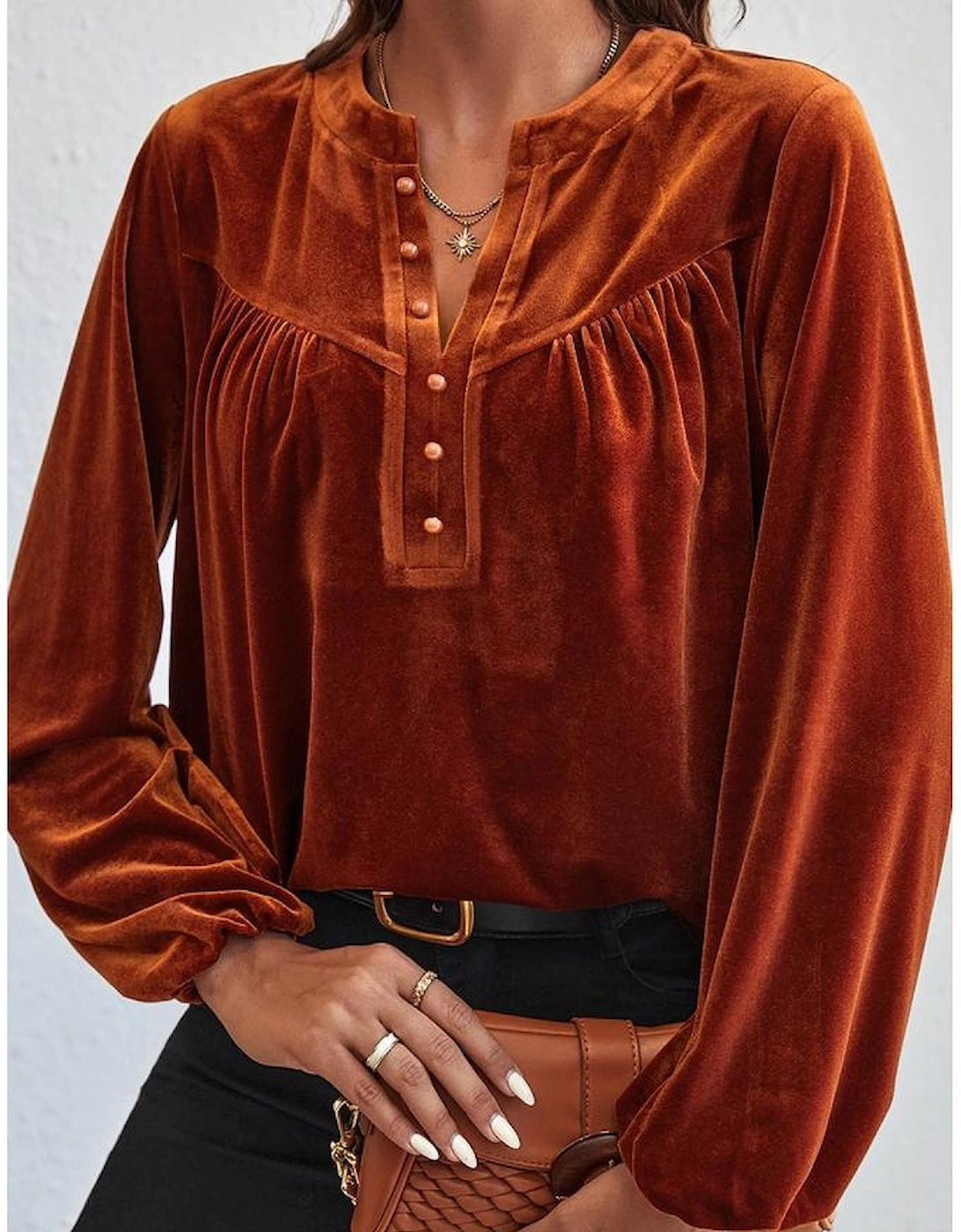 Gold Flame Lantern Sleeve Beaded Split V Neck Velvet Top
